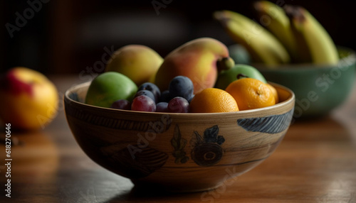 Organic fruit bowl on wooden table  healthy snack generated by AI