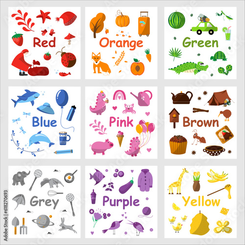 Color flashcards. Learning color for kids. Educational cards. Worksheet for kids. red, green, orange, blue, yellow, brown, grey, purple, pink colors.