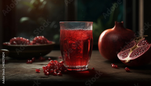 Juicy pomegranate slice on rustic wooden table generated by AI