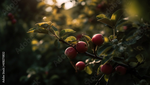 Ripe apples on branch, autumn harvest beauty generated by AI