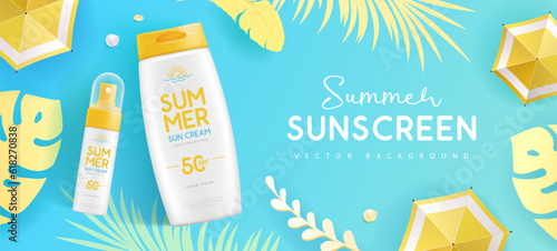 Top view summer background with 3d set of sunscreen tubes, tropic leaves and beach umbrella. Colorful summer scene. Vector illustration