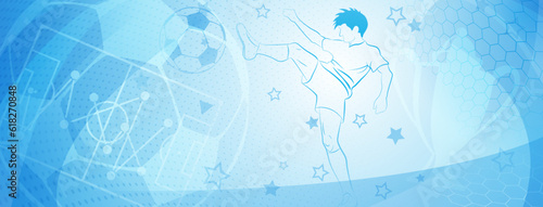 Abstract soccer background with a football player kicking the ball and other sport symbols in light blue colors