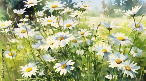 Crisp White Daisies in a Tranquil Field watercolor. AI generated