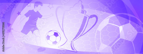 Abstract soccer background with a football player kicking the ball and other sport symbols in purple colors