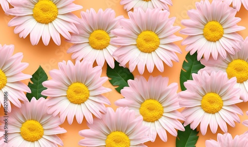  a group of pink and white flowers with green leaves on a peach background with a yellow center surrounded by smaller pink and white flowers with green leaves.  generative ai