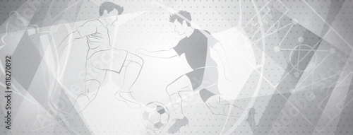 Abstract soccer background with a football players kicking the ball and other sport symbols in gray colors