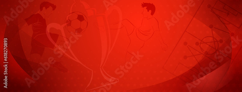 Abstract soccer background with a football players kicking the ball and other sport symbols in red colors