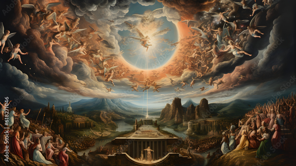 Fototapeta premium Renaissance-Inspired Ancient Style Painting of Heaven, Celestial Serenity Unveiled: Enchanting