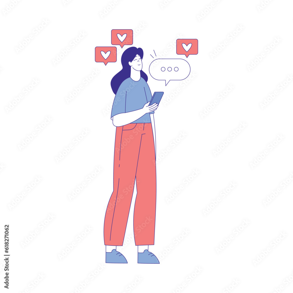 Woman Character Use Social Media Standing with Smartphone Vector Illustration