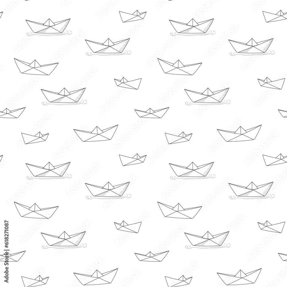 Fototapeta premium Origami paper ship seamless pattern. Doodle design vector illustration.