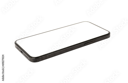 Mobile phone screen mockup lying, laying in perspective view isolated on white