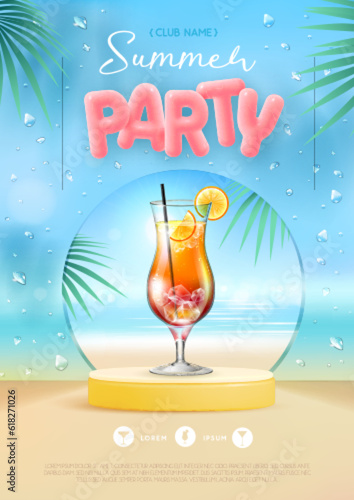Summer disco party poster with 3d stage and tequila sunrise cocktail. Colorful summer beach scene. Vector illustration