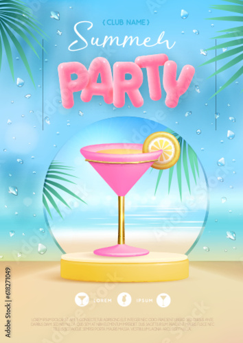 Summer disco party poster with 3d stage and cosmopolitan cocktail. Colorful summer beach scene. Vector illustration