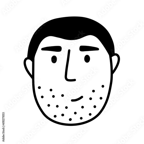 Neutral funny unshaven yung man head. Simple vector illustration in line doodle style