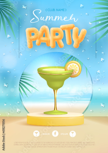 Summer disco party poster with 3d stage and margarita cocktail. Colorful summer beach scene. Vector illustration