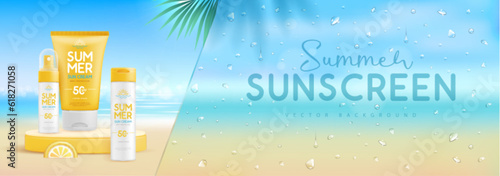 Summer beach background with 3d stage and set of sunscreen creams. Colorful summer scene. Vector illustration