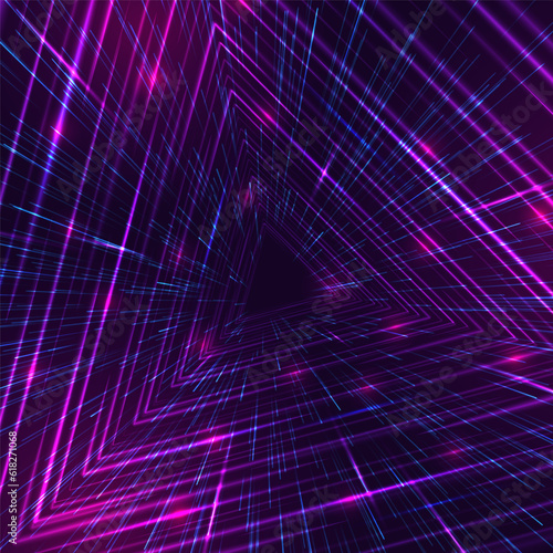 Triangle portal with light effects. Neon tunnel. Abstract technology background. Vector illustration.