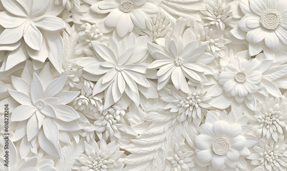custom made wallpaper toronto digital a wall with a bunch of white flowers on it's side and a clock on the side of the wall above it that reads,. generative ai