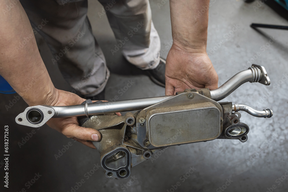 Obraz premium An auto mechanic holds in his hands a heat exchanger for a gasoline engine of a passenger car with cleaned tubes and new gaskets, post-warranty service in a car service