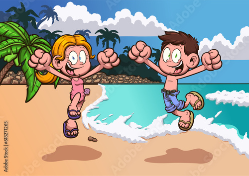 Cartoon Kids Enjoying Summer Vacation On Beach. Vector illustration with simple gradients.