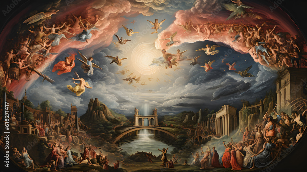 Fototapeta premium Renaissance-Inspired Ancient Style Painting of Heaven, Celestial Serenity Unveiled: Enchanting