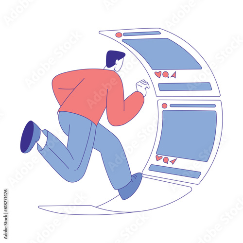 Man Character Use Social Media Scrolling App or News Feed Vector Illustration