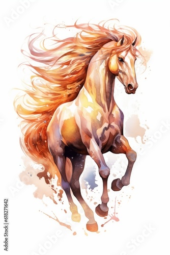 Elegant horse with flowing mane and tail watercolor . AI generated