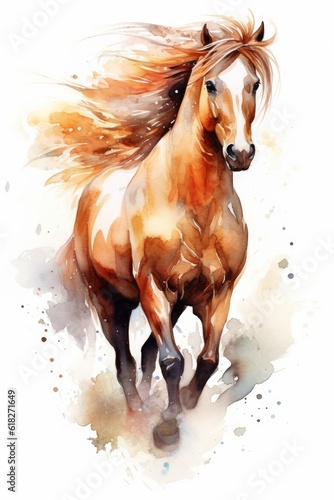Elegant horse with flowing mane and tail watercolor . AI generated