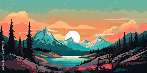 Generative AI. Vector illustration of mountains landscape. Colorful landscape with mountains and nature, 