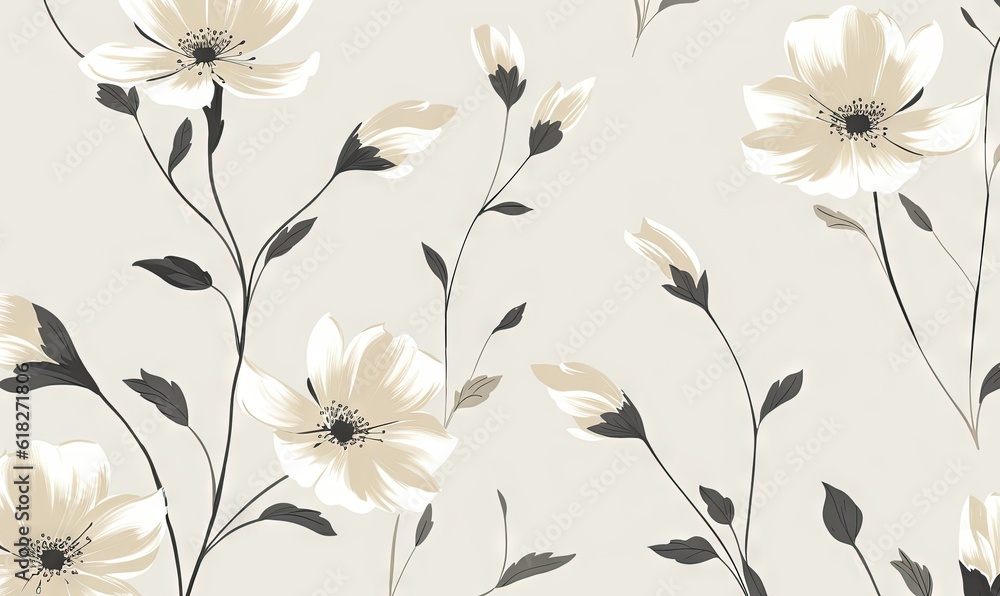  a white flower wallpaper with black leaves and flowers on a light gray background with a black and white floral pattern on the wall of the wall.  generative ai