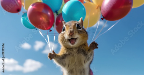 Birthday celebration. Happy photorealistic chipmunkholding a banch of balloons. AI generative