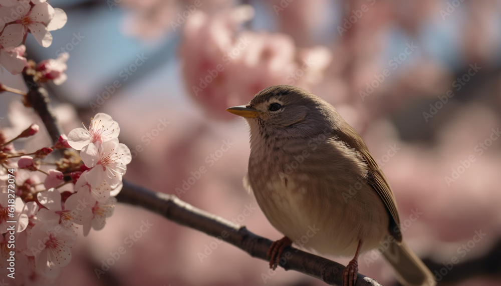 Sparrow perching on cherry blossom branch, tranquility generated by AI