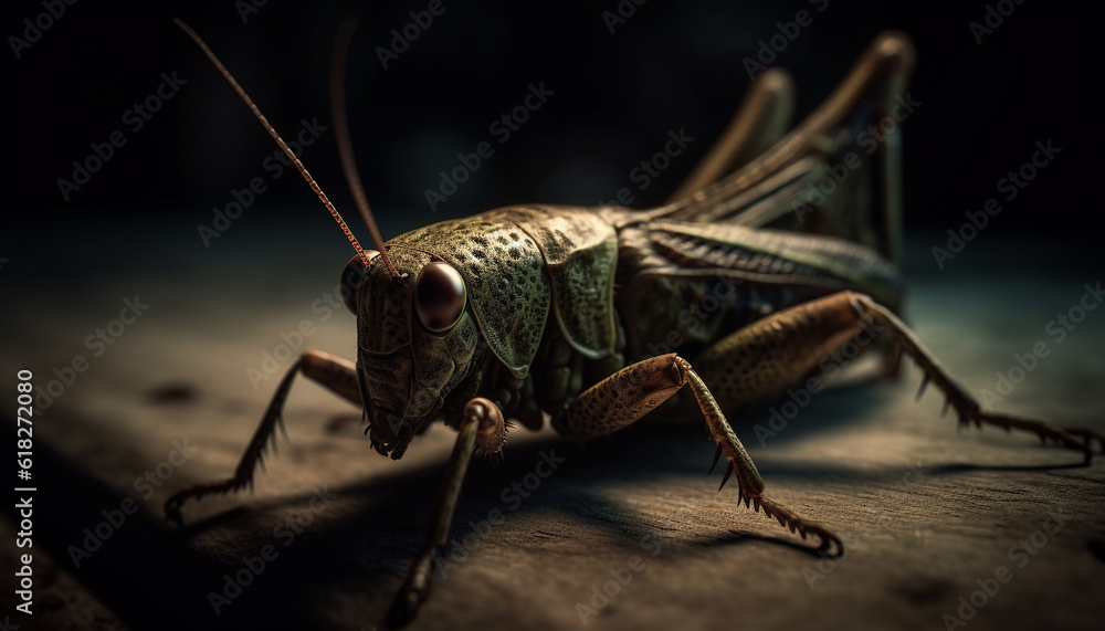 Fototapeta premium Spooky weevil on green leaf, looking at camera generated by AI