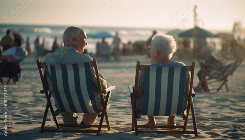 Senior couple enjoys vacation, sitting by water generated by AI © Gstudio