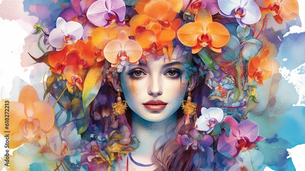 Exotic and Vibrant Jasmine and Orchids watercolor. AI generated