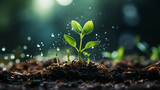 young plant sprouts from the ground, generative AI