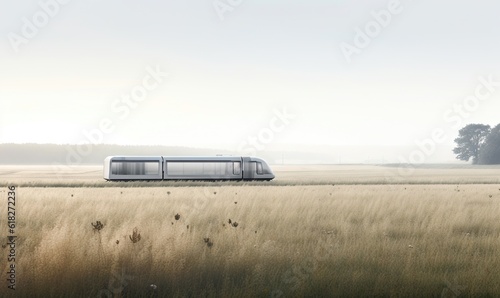  a train traveling through a field of tall grass with a tree in the distance in the distance is a field of tall grass with a bus in the foreground. generative ai