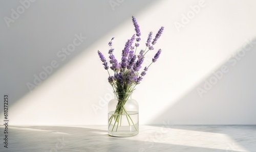  a glass vase filled with lavender flowers on a table top with a white wall behind it and a long shadow of the vase on the wall.  generative ai