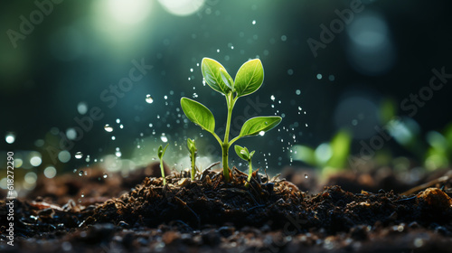 young plant sprouts from the ground, generative AI