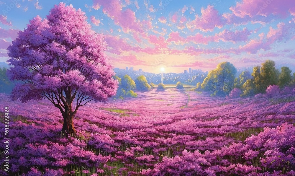  a painting of a purple field with a tree in the foreground and a sunset in the background with clouds in the sky and a pink sky.  generative ai