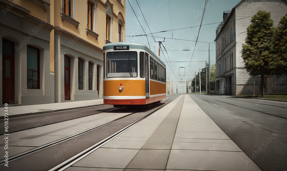  a trolley is going down the tracks in a city area with buildings and a street light in the foreground, and a building with a tree in the background.  generative ai