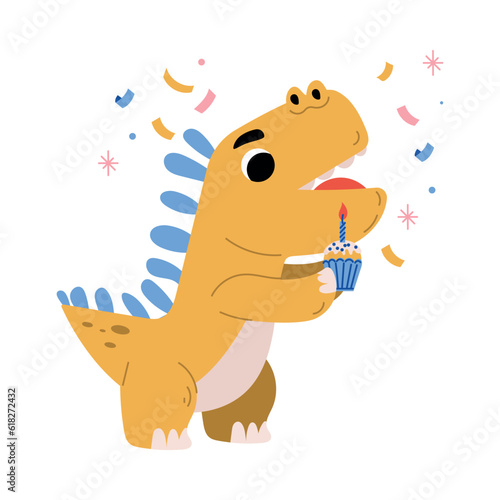 Cute Dinosaur at Birthday Party with Cupcake Vector Illustration © Happypictures