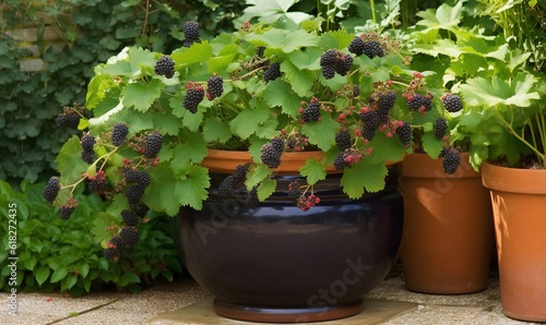  a potted plant with berries on it next to other potted plants and plants in the back ground of a garden area with green foliage. generative ai