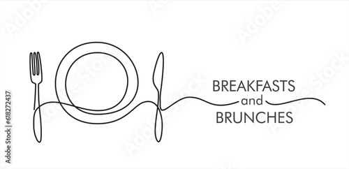 Continuous one line art or One Line Drawing of plate, knife and fork. Restaurant concept hand draw line art design vector illustration for cafe, shop or food delivery service