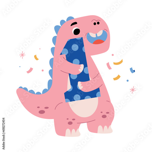 Cute Pink Dinosaur at Birthday Party with One Number Vector Illustration