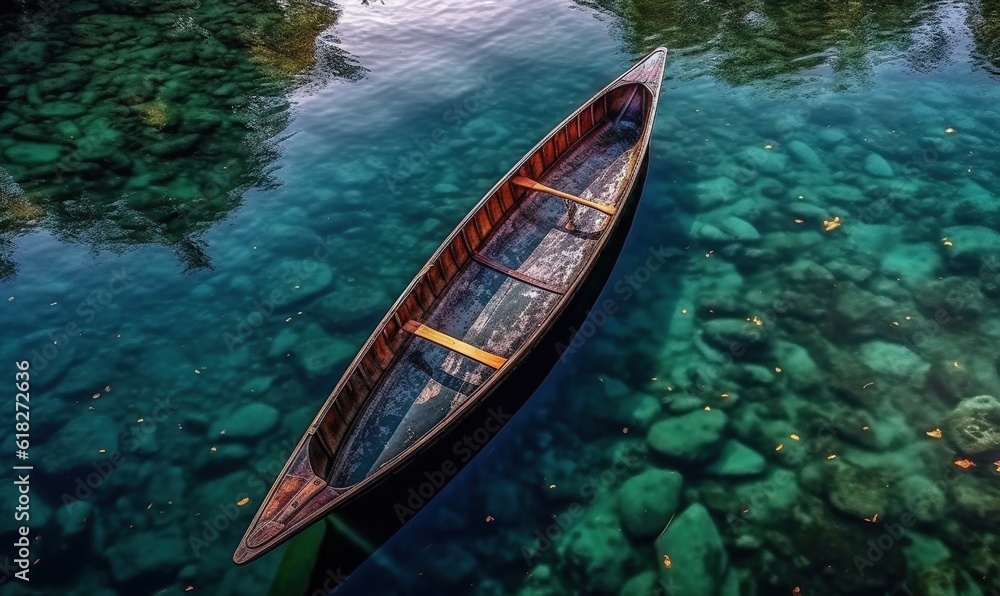 Obraz premium a boat floating on top of a body of water next to a shore covered in green algae and corals and surrounded by trees and rocks. generative ai