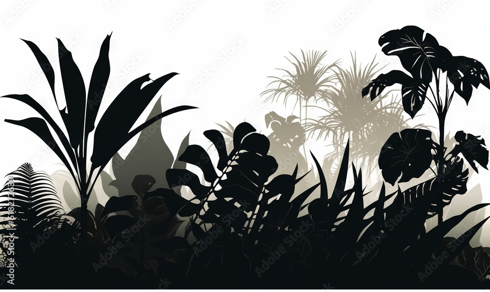 a black and white picture of a tropical scene with palm trees and other plants on a white background with a shadow of a houseplant.  generative ai