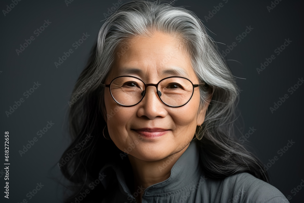asian woman with grey long hair and glasses smiling. asian woman with grey long hair and glasses smiling.