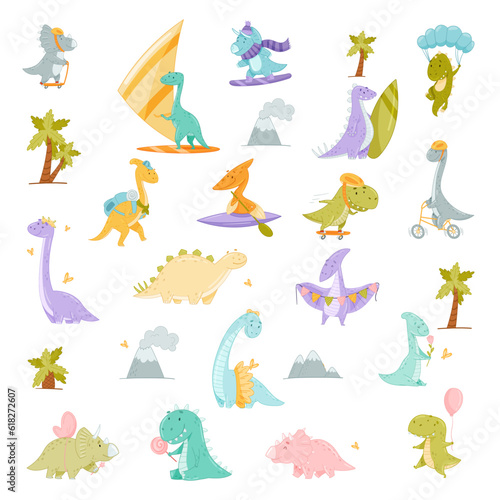 Dino Life with Happy Dinosaurs Engaged in Different Activity Big Vector Set