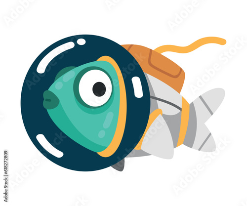 Fish Pet in Space Suit and Helmet Floating Vector Illustration